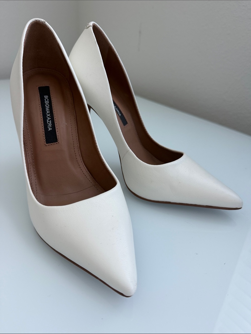 BCBGMaxAzria Ivory Pointed-Toe Leather Pumps
